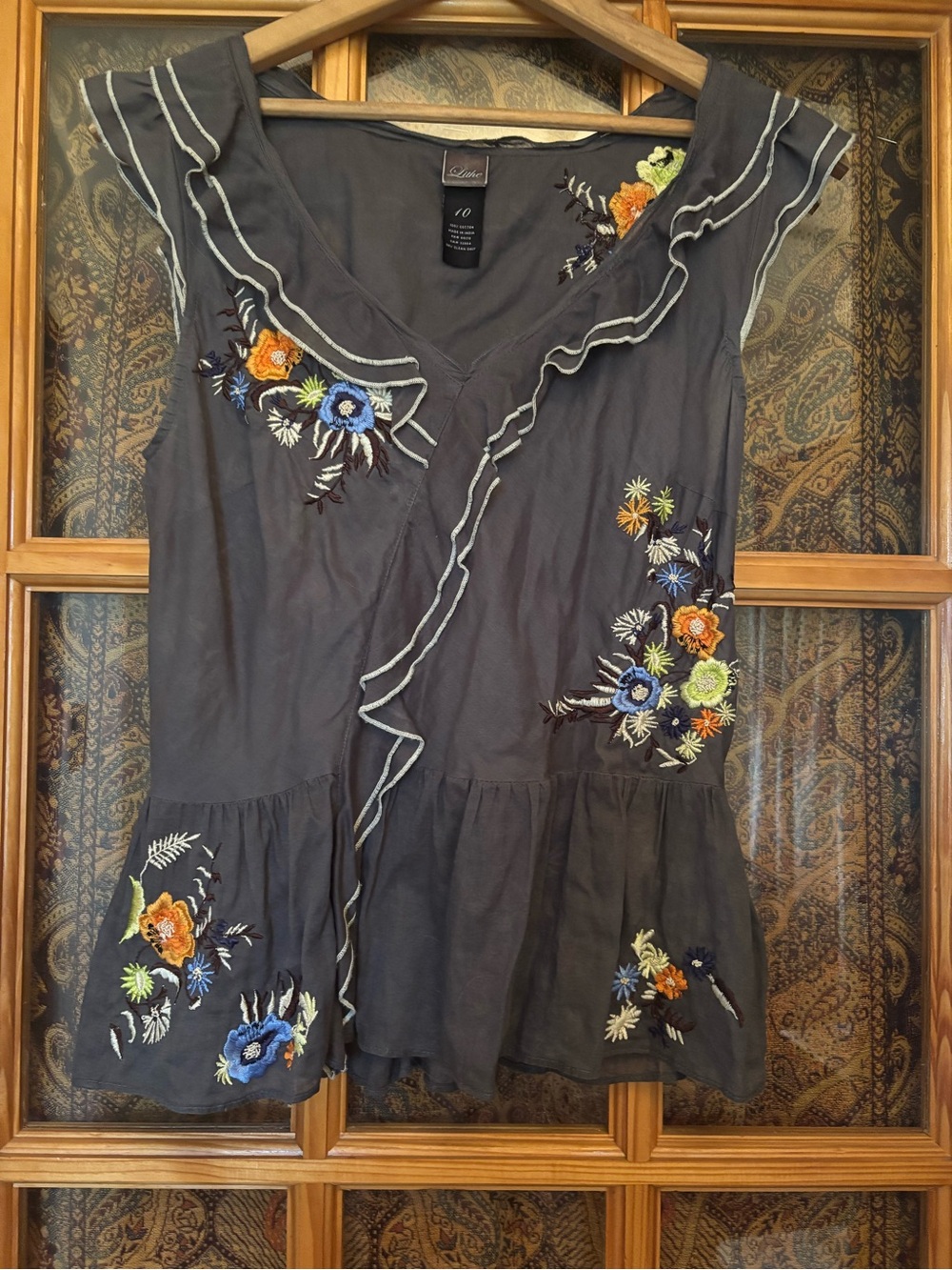 Anthropologie Charcoal Gray Embroidered Ruffle V-Neck Blouse